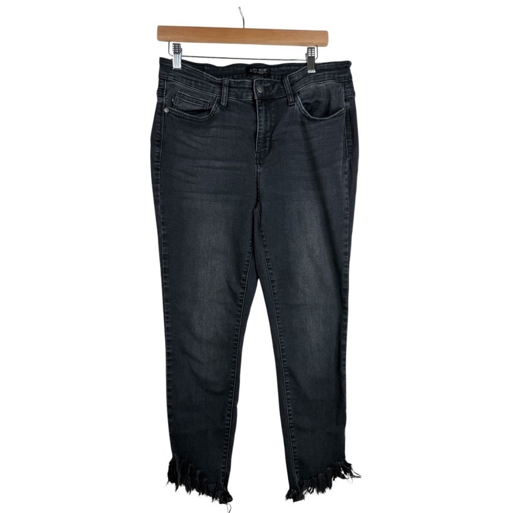 Judy Blue Black Denim Skinny Fit Cropped Distressed Hem 5-Pocket Jeans Sz 11/30